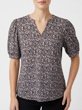 Women's Navy Floral V-Neck Puff Sleeve Top